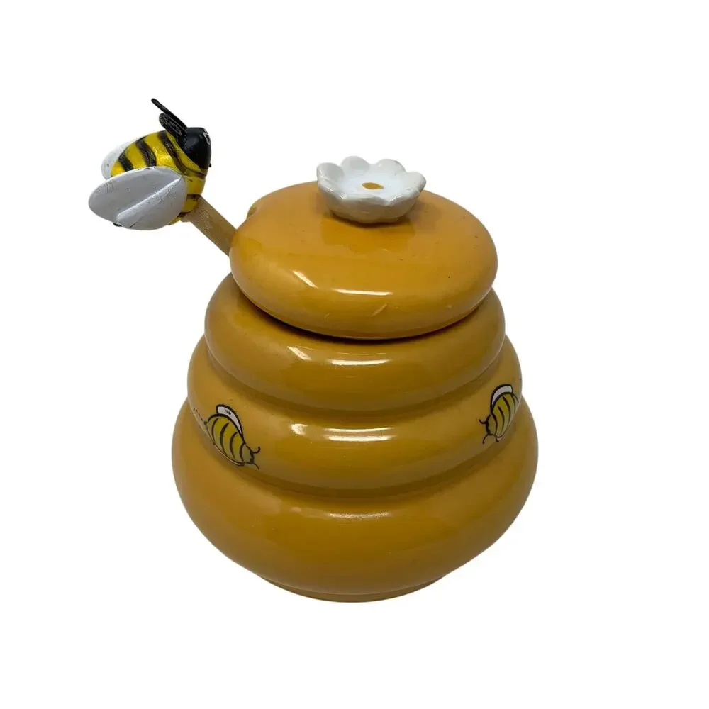 Ceramic Beehive Shaped Honey Pot With Wooden Dipper 5 Oz
